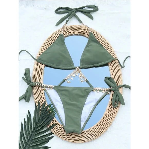 Rhinestone Embellished Bikini Swimsuit Army Green Bikinis
